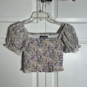KATIE‎ J NYC Junior Marlee Puff Sleeve Floral Top Size L Smocked Cropped Blouse
